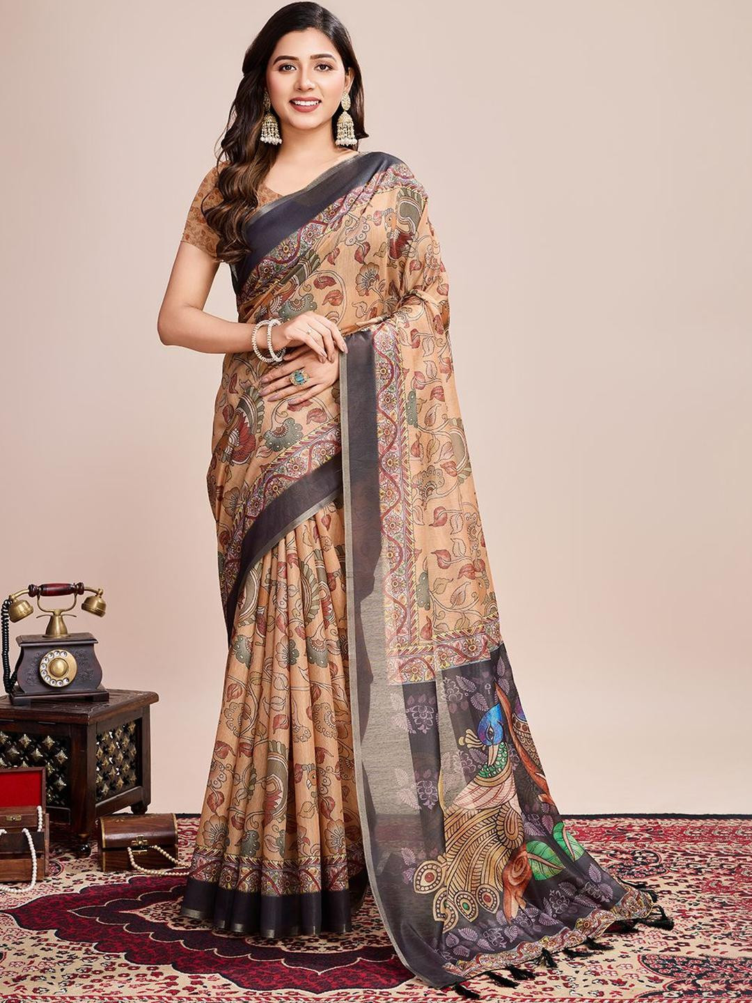 VARNI FABRICS Ethnic Motifs Printed Zari Pure Linen Saree