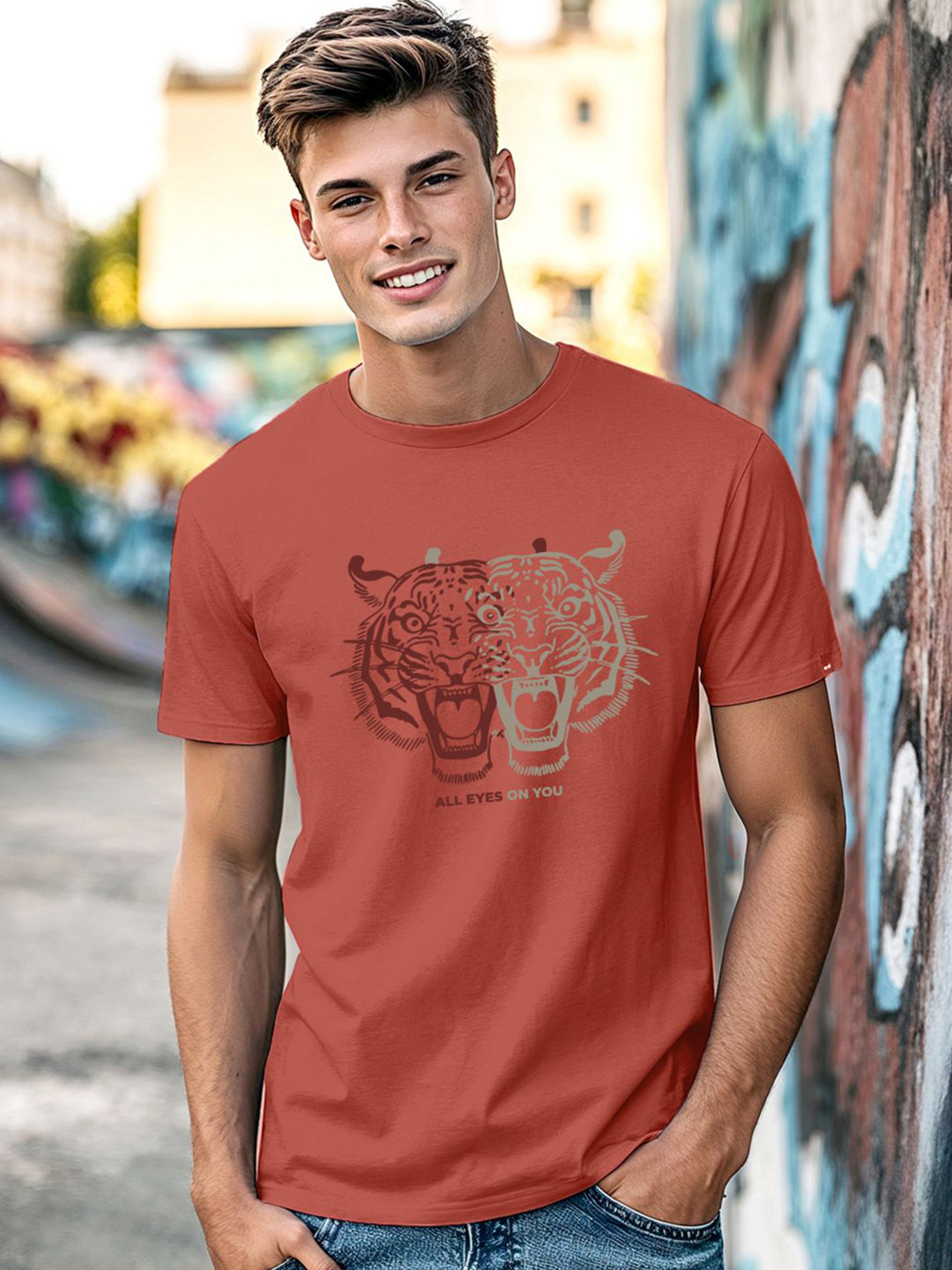 Bewakoof Men Cinnabar Red Party Animal Dual Tiger Graphic Printed T-shirt