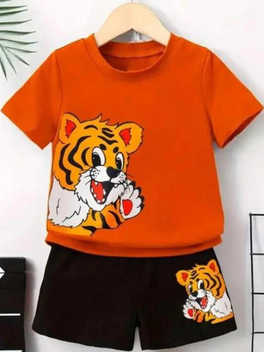 MUSNAH GARMENTS Kids Orange Tiger King Printed T-shirt With Shorts