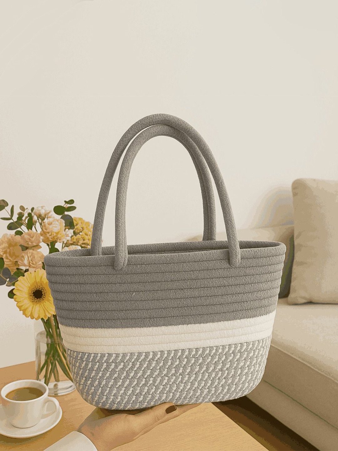 Textile and Beyond Textured Cotton Crochet Tote Basket Bag