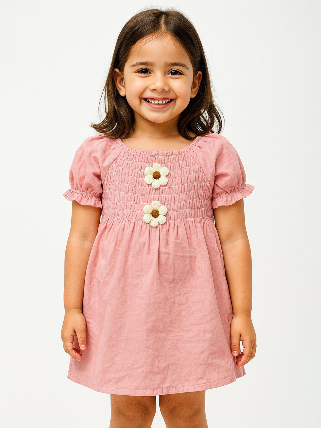 POP STREET KIDS Girls Round Neck Smocked Puff Sleeve Fit and Flare Dress