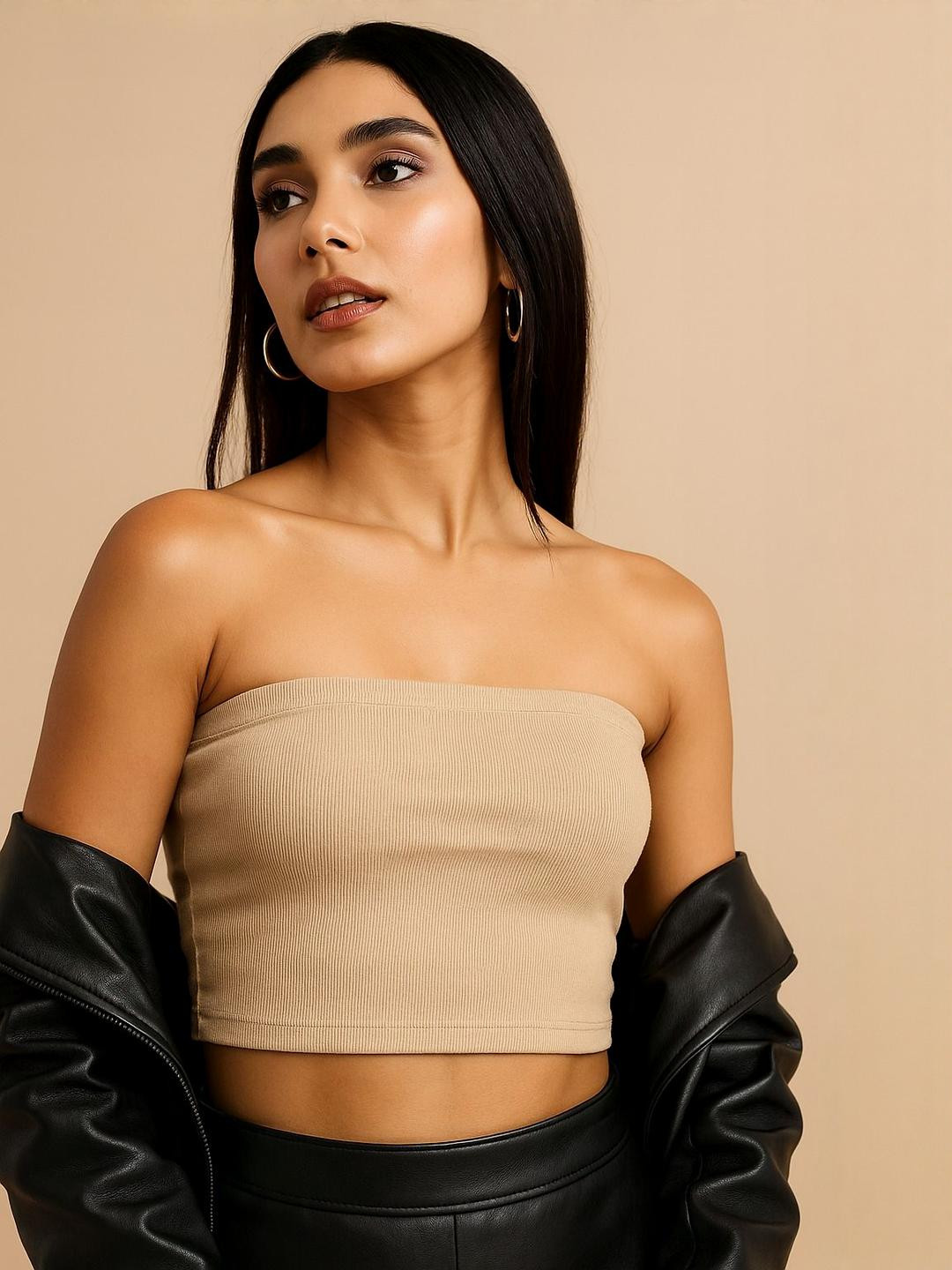 R.Code by The Roadster Life Co. Women Ribbed Strapless Cotton Tube Crop Top