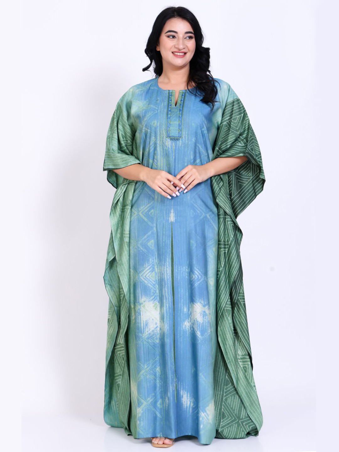 SILK N STYLES Women Printed V-Neck Maxi Kaftan Nightdress