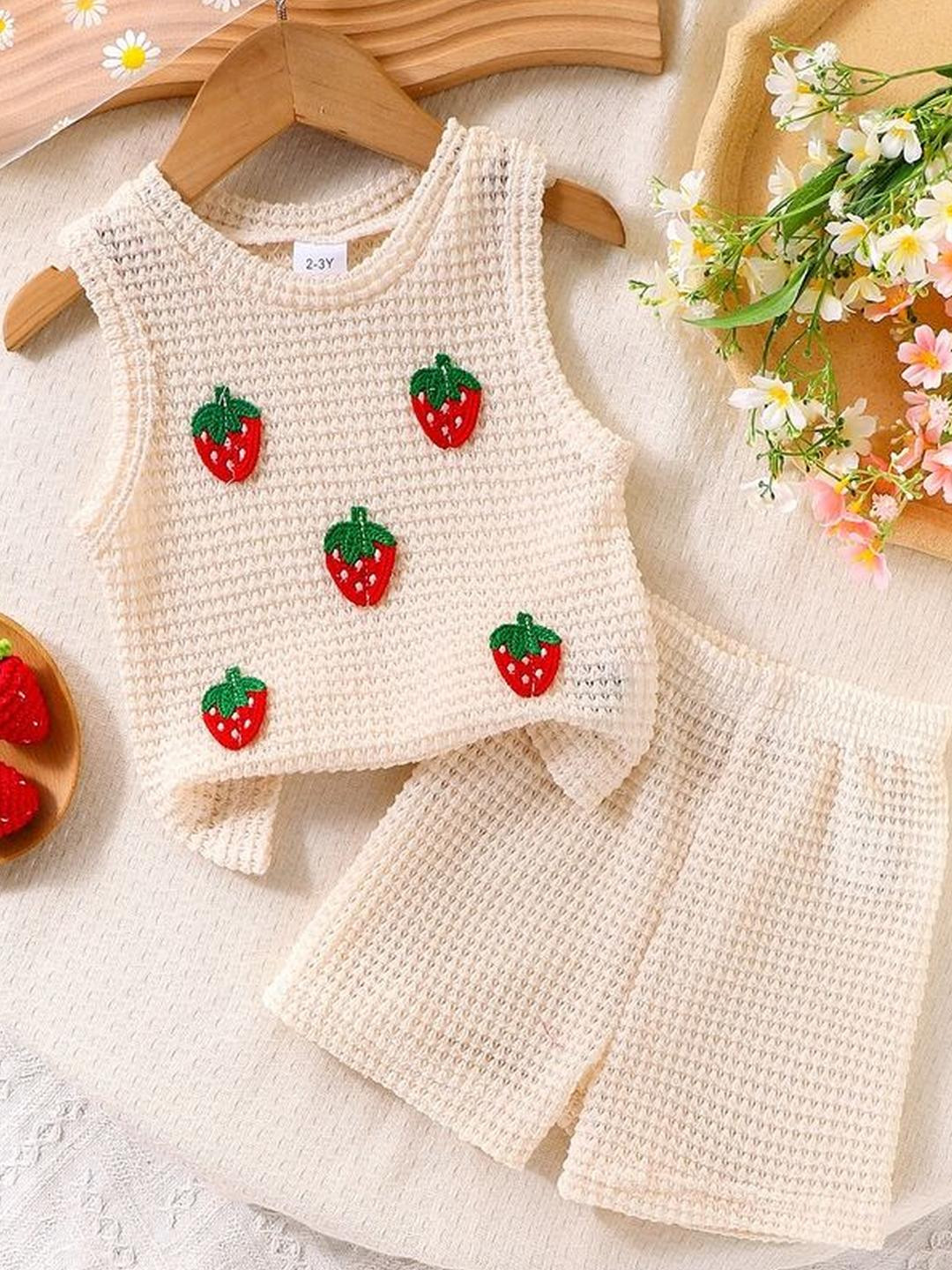 LULU & SKY Girls Strawberry Applique Self Design Round Neck Pure Cotton Top With Shorts