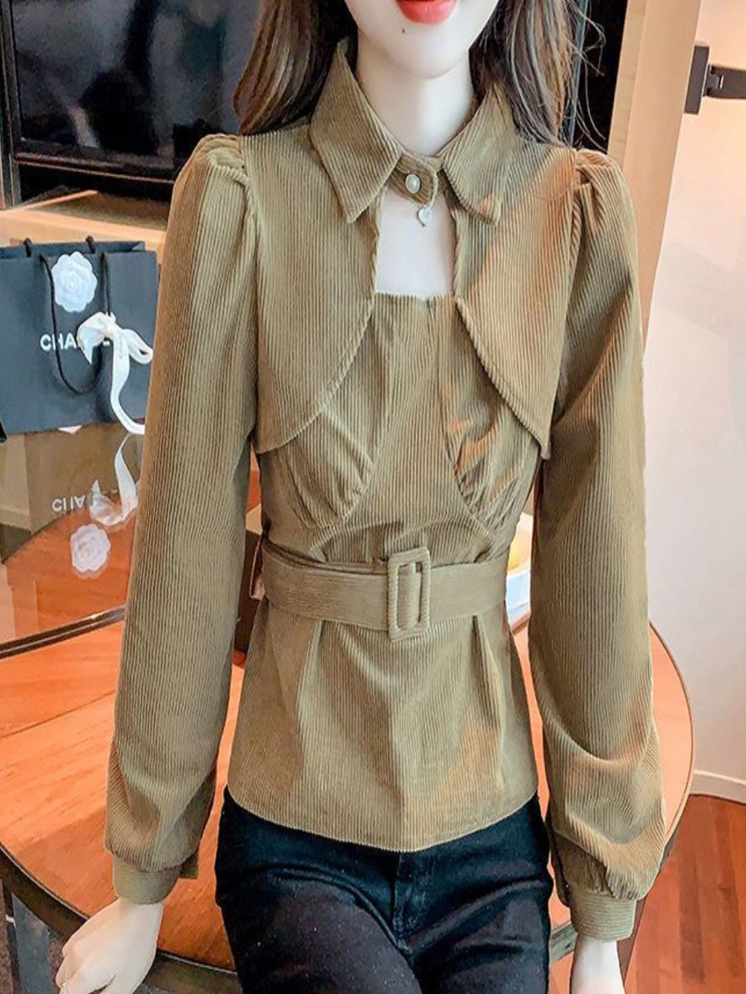 StyleCast Striped Belted Slim Fit Corduroy Shirt With Cut-Out Detail