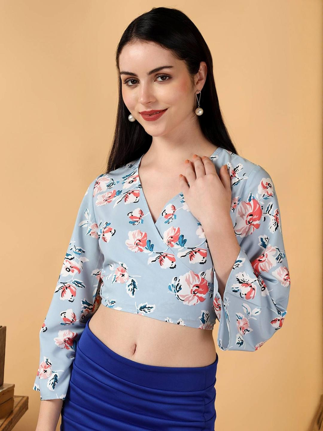 Stylecast X Kotty Women Floral Printed V-Neck Flared Sleeves Crop Wrap Top