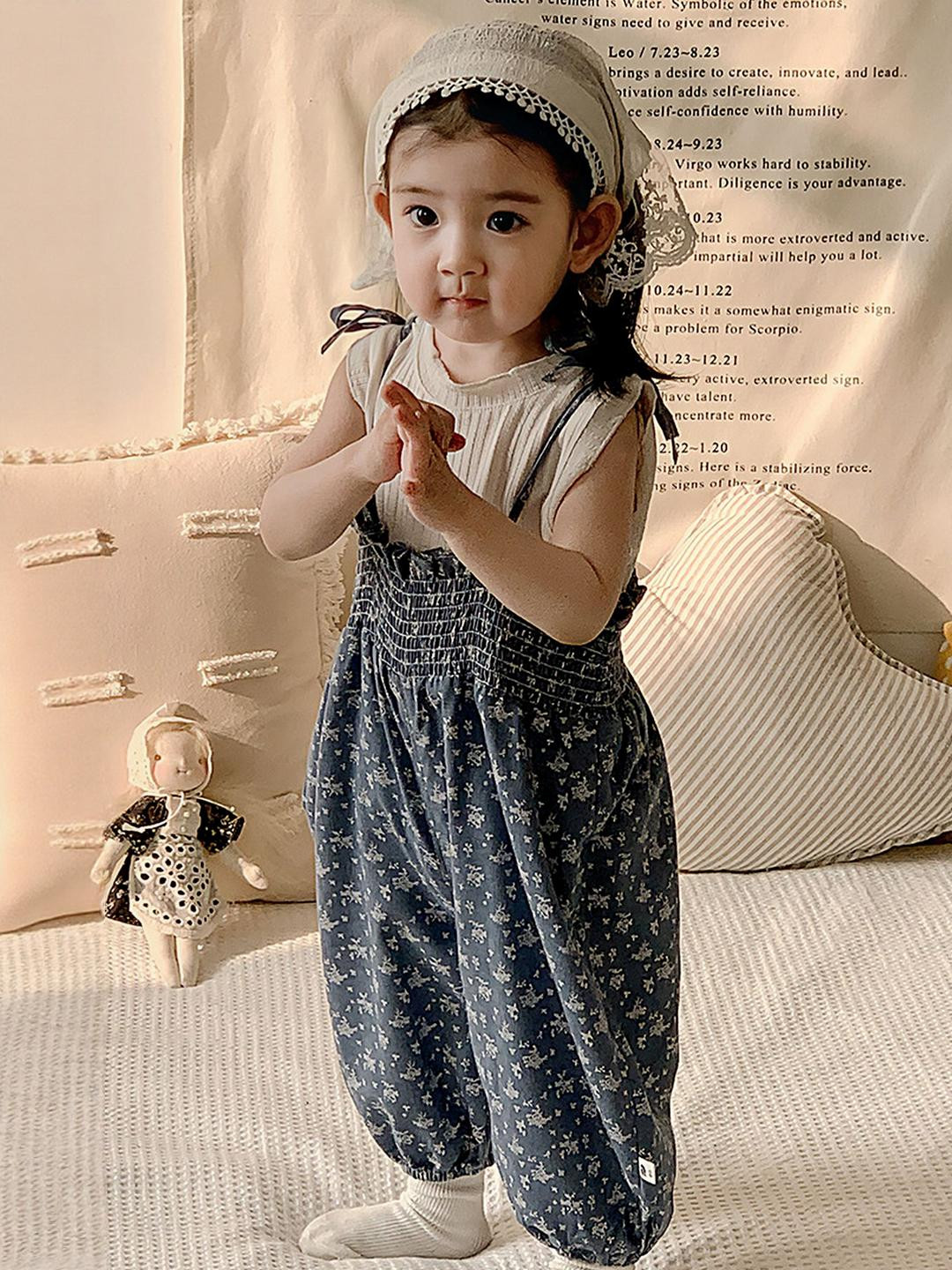 LULU & SKY Girls Printed Dungaree With Vest