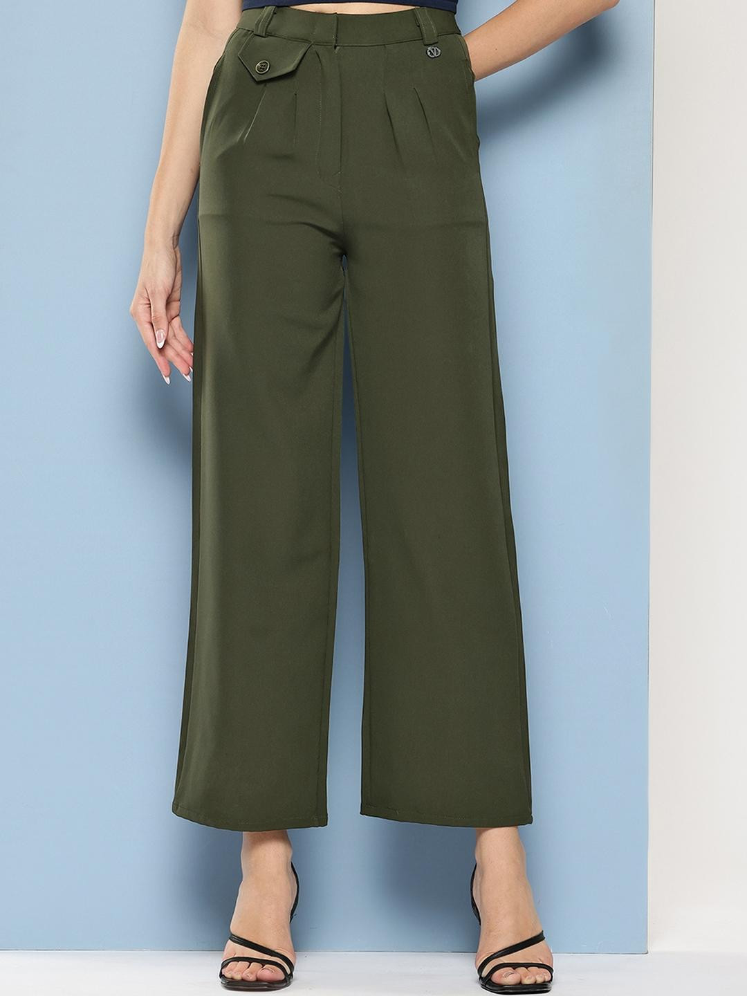 Girls Casual Wear Dark Green Colour Solid Crepe Pant