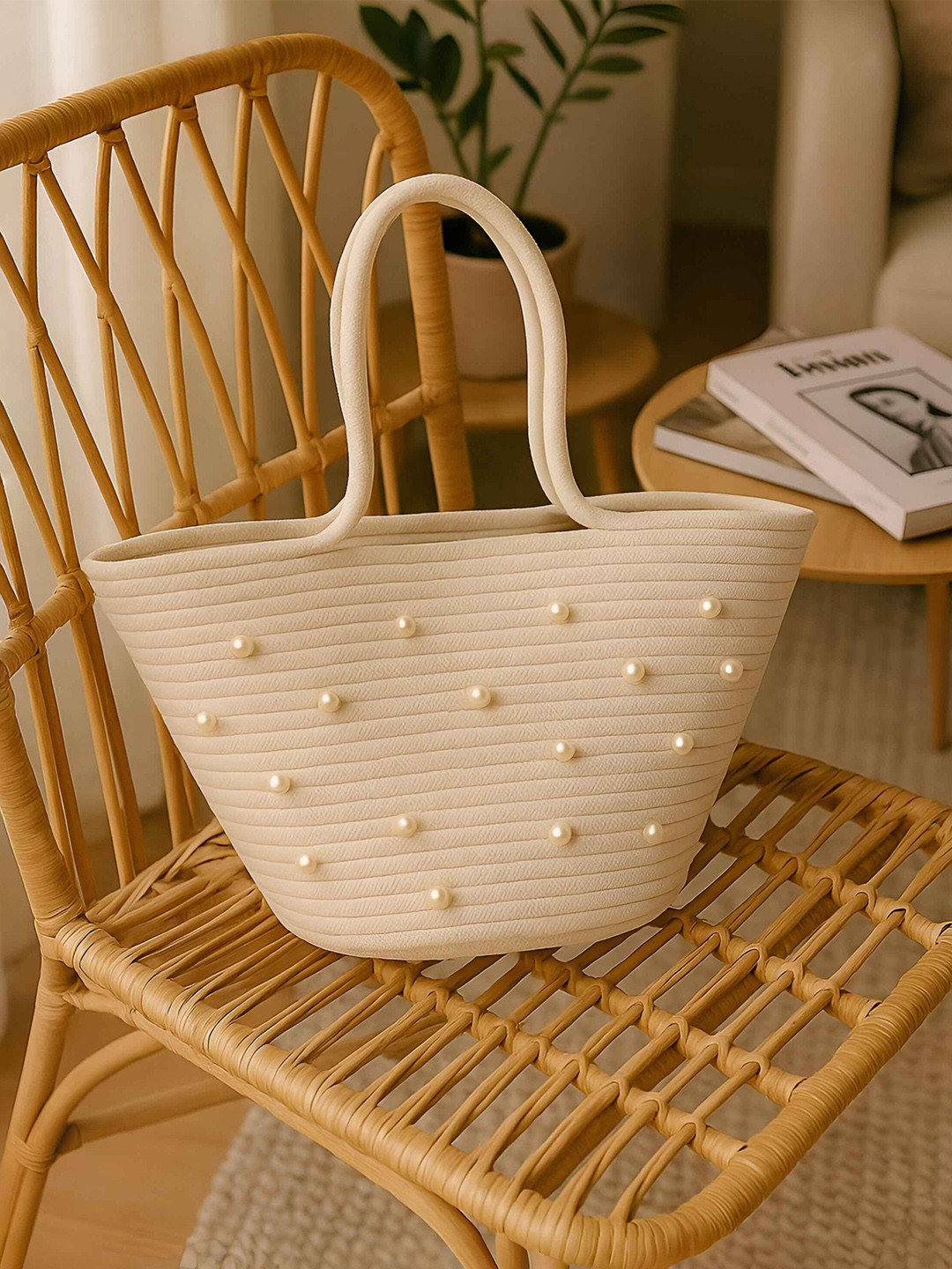 Textile and Beyond Textured Cotton Crochet Tote Basket Bag