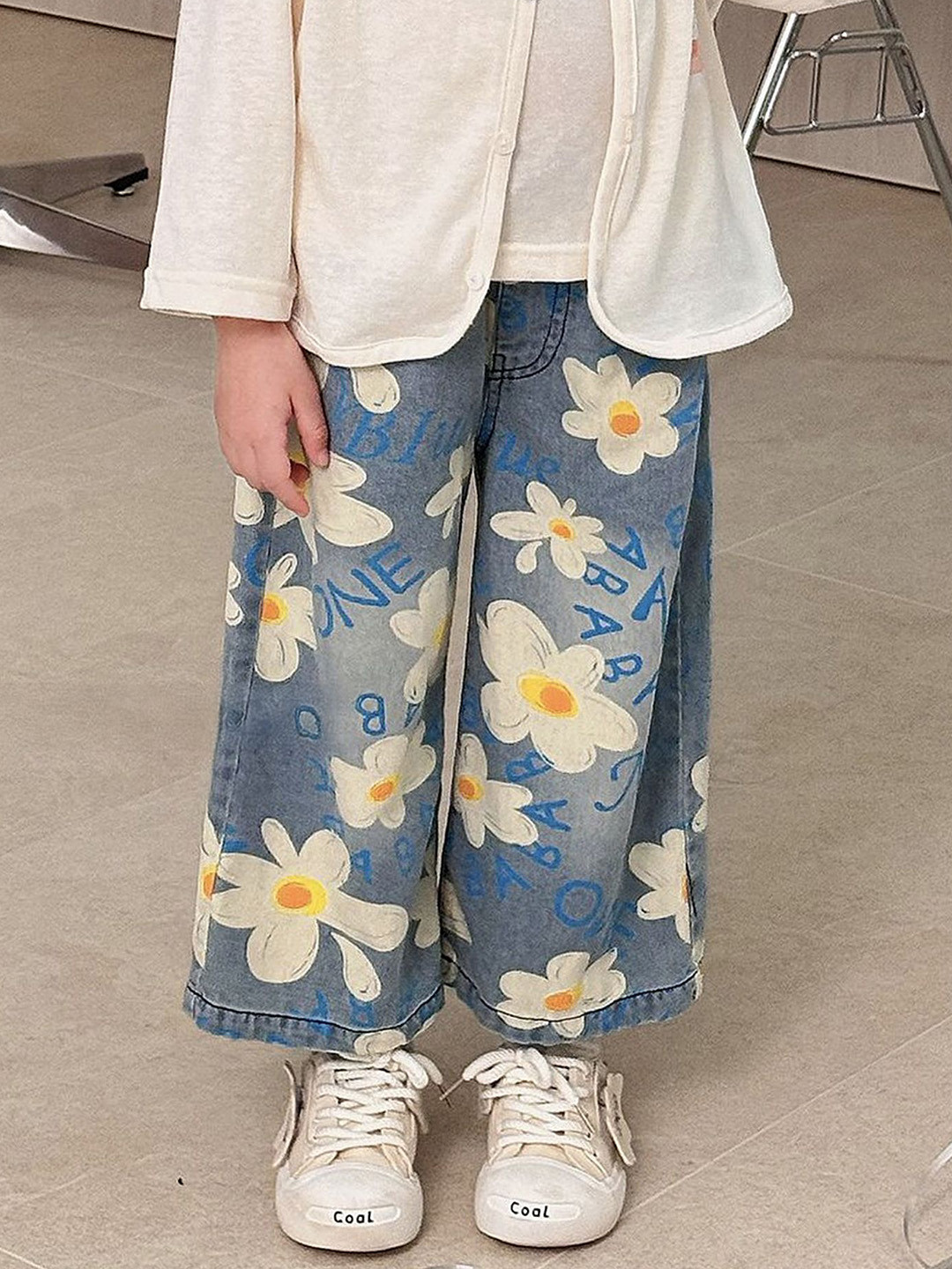 LULU & SKY Girls Floral Printed Wide Leg High-Rise Jeans