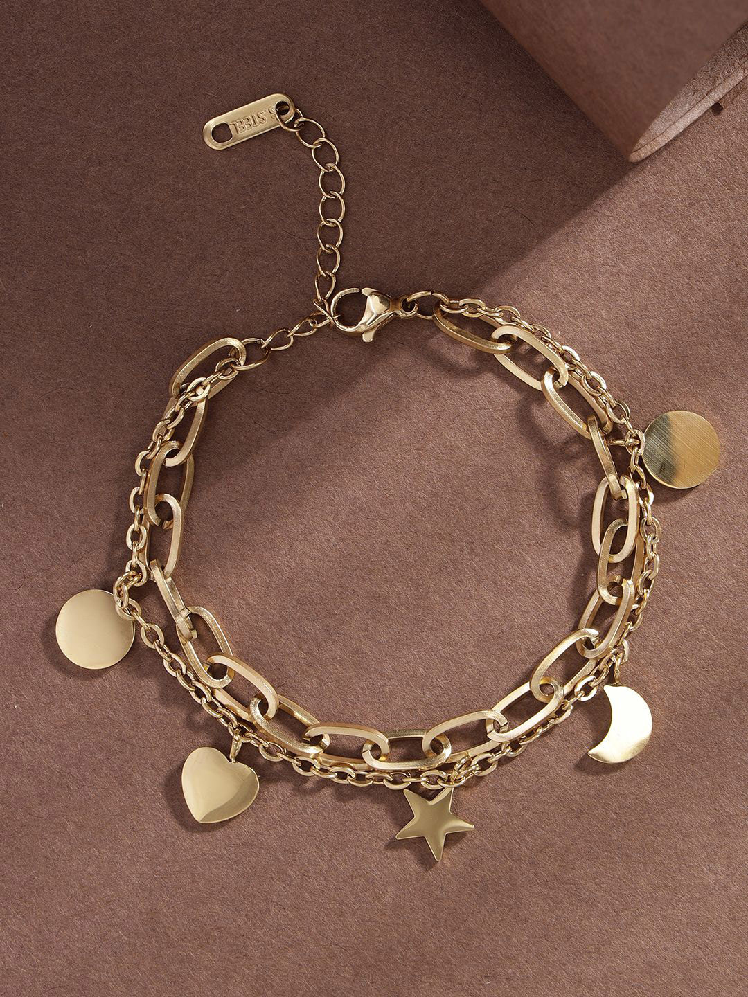 Scintillare By Sukkhi Stainless Steel Gold-Plated Heart & Stars Shaped Charm Bracelet