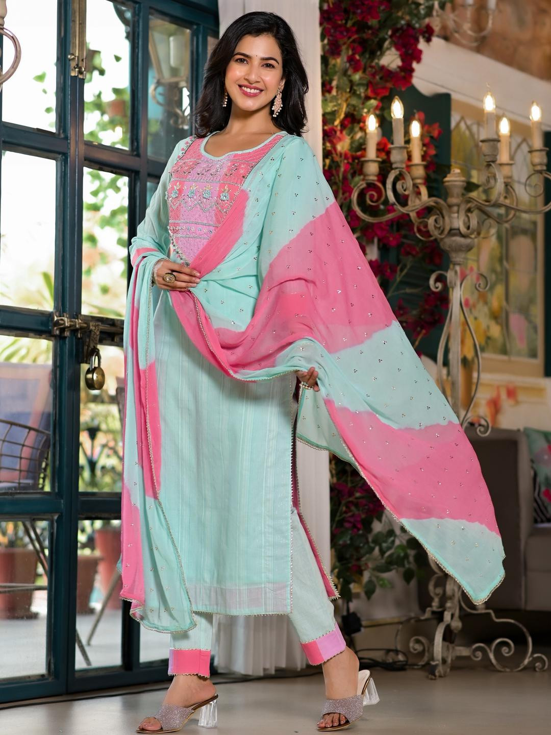 Aavanya Sea Green Cotton Anarkali Round Neck Thread Work Kurta & Trouser With Dupatta