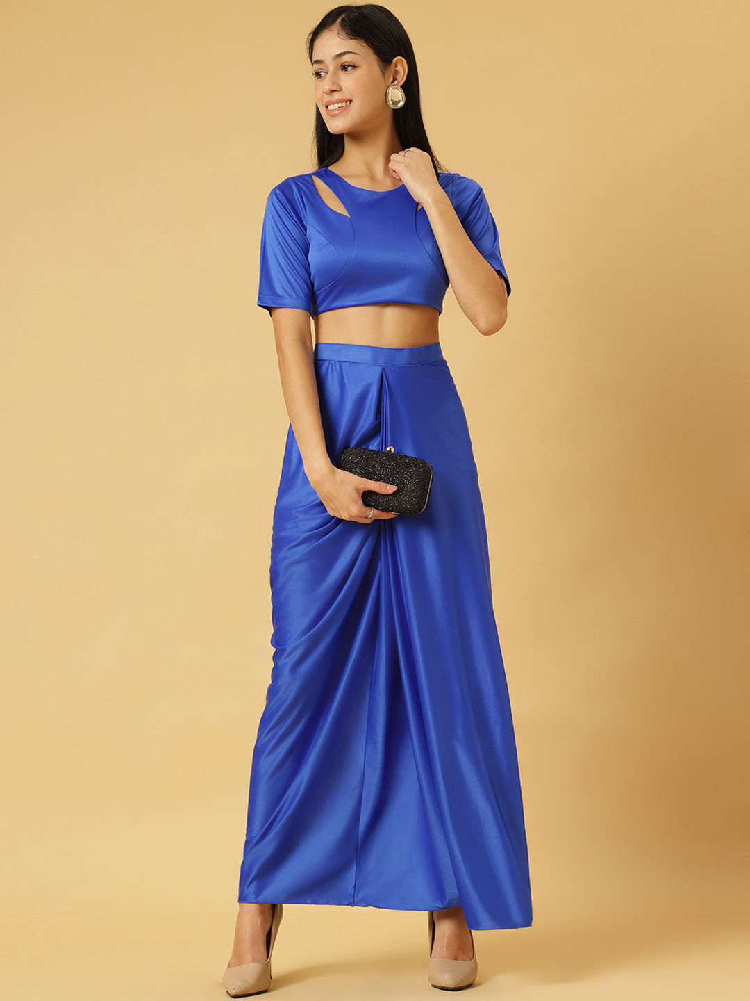 TRYMISFIT Embellished Crop Top & Draped High-Slit Skirt Co-Ord Set