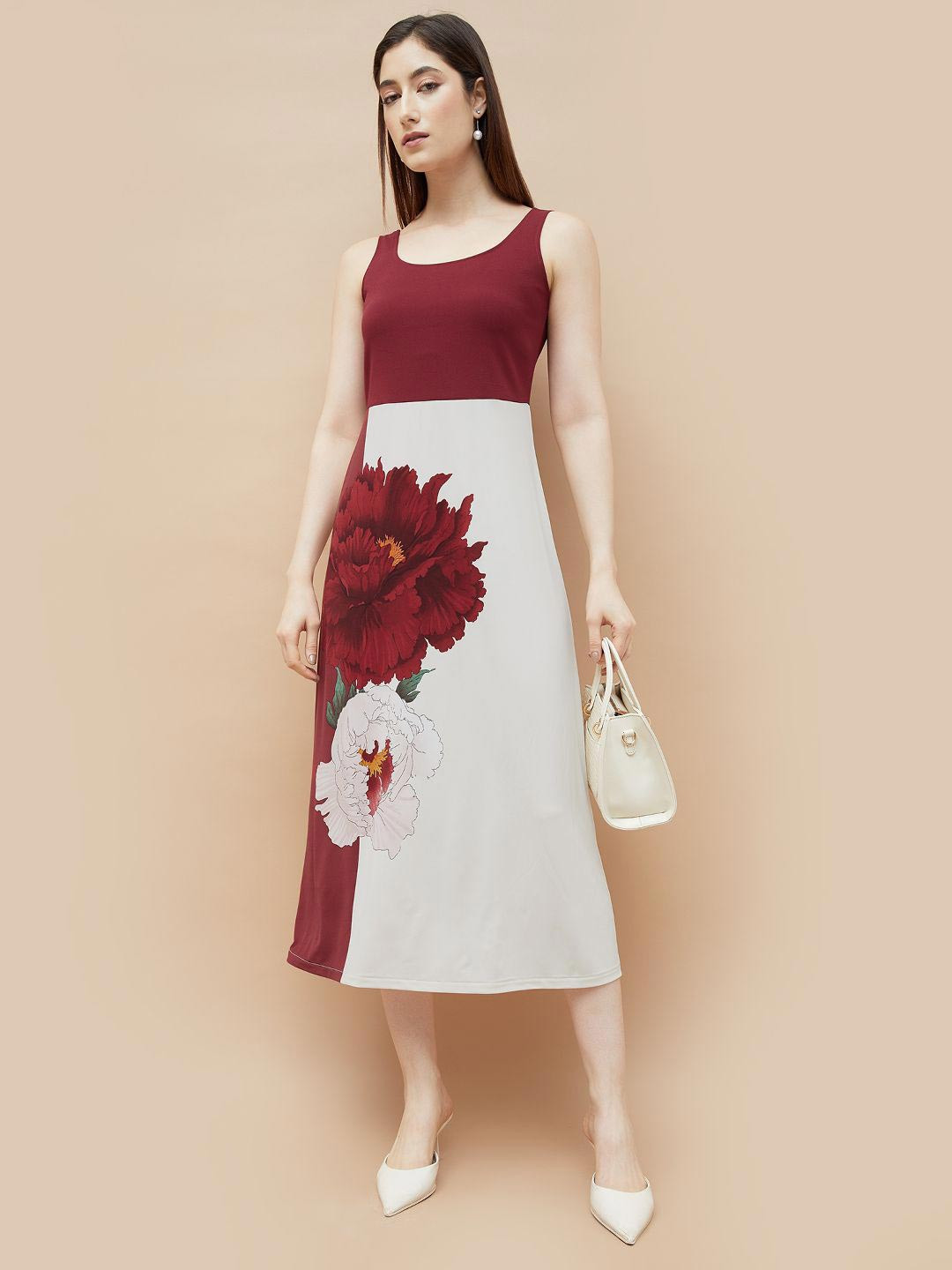 CODE by Lifestyle Floral Print Shoulder Straps Colourblocked Fit & Flare Midi Dress