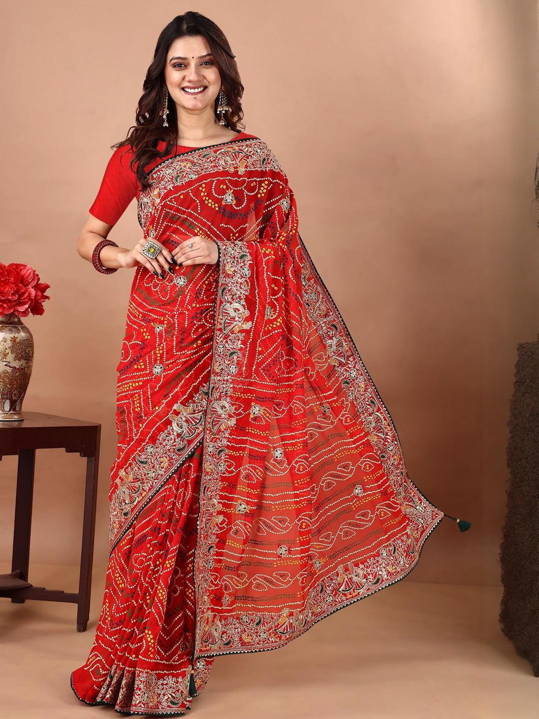 KALINI Bandhani Embroidered Poly Georgette Bandhani Saree