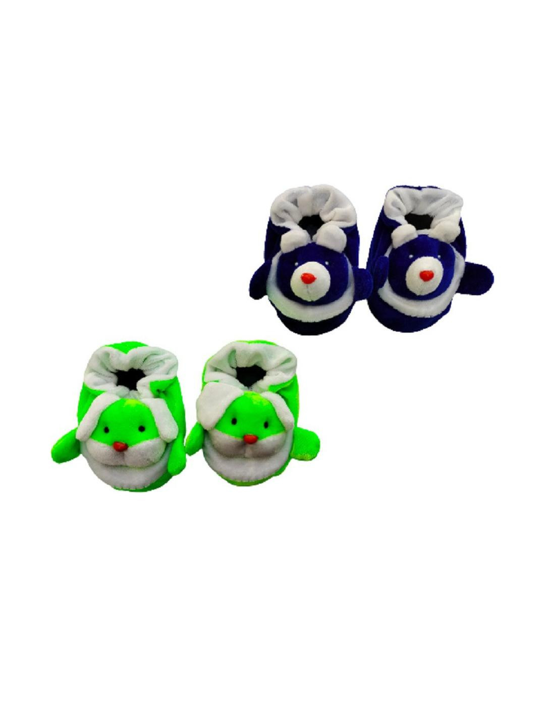 LMN CHILD CARE Unisex Kids Green Blue & White Set Of 2 Bunny Printed Cotton Booties