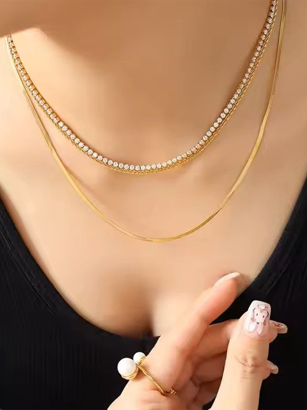 DKane Designs Stainless Steel Gold-Plated AD Studded Minimal 3 Chain Layered Necklace