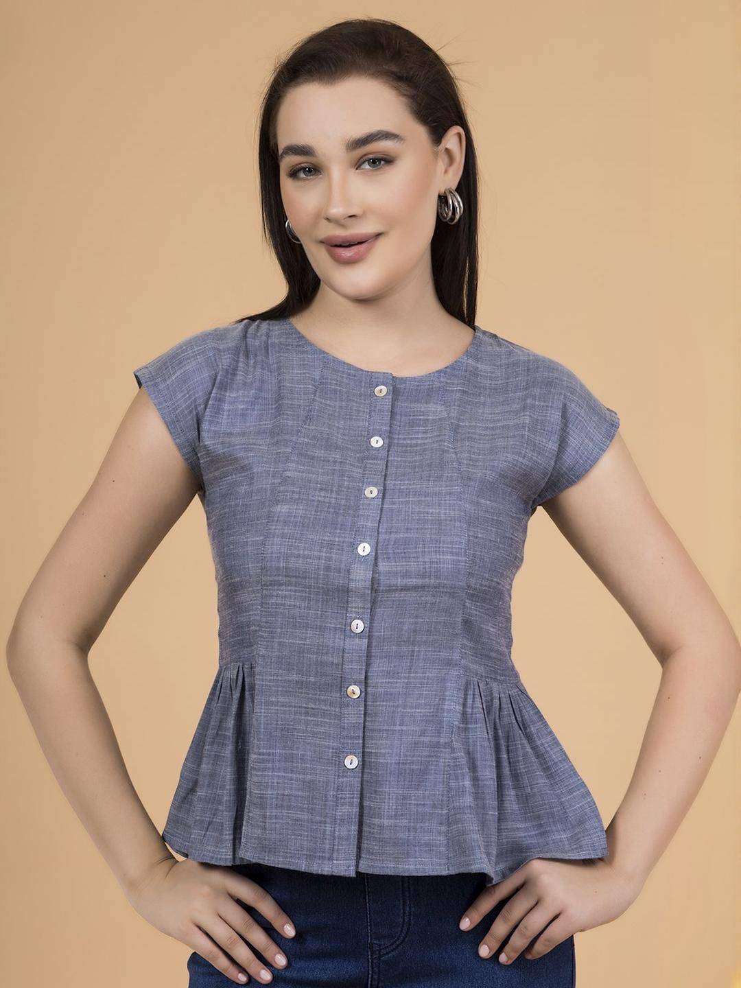 Saffron Threads Extended Sleeves Chambray Peplum Top