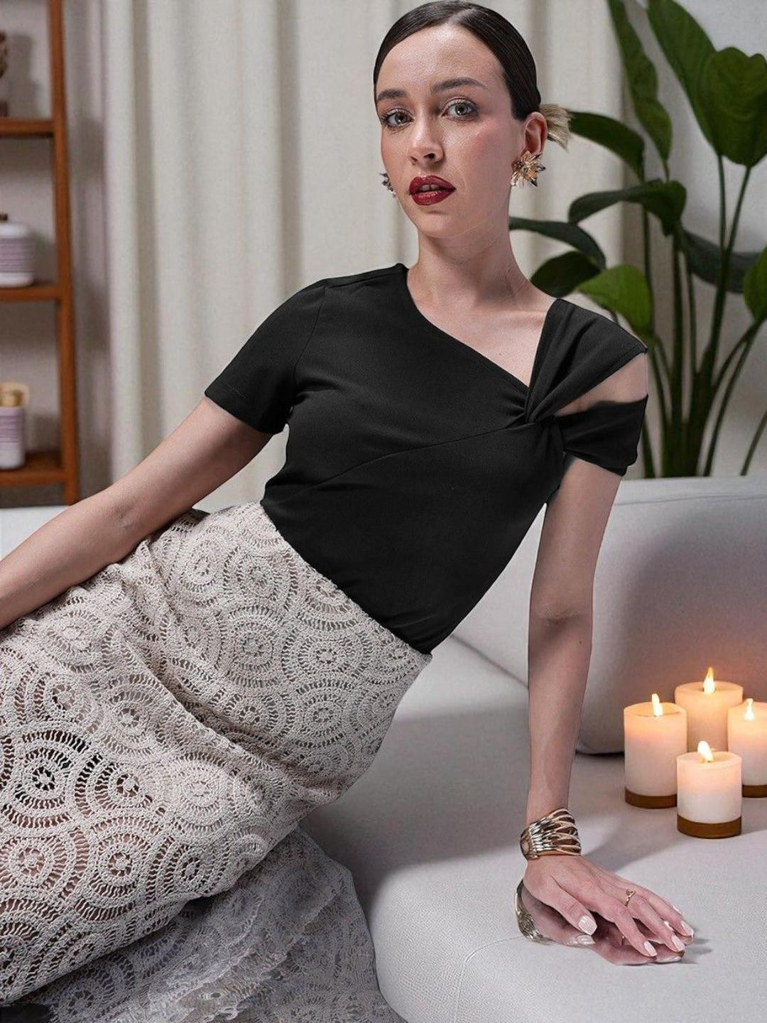 SFOTY Women Soild V-Neck Top with Cut Out Detail