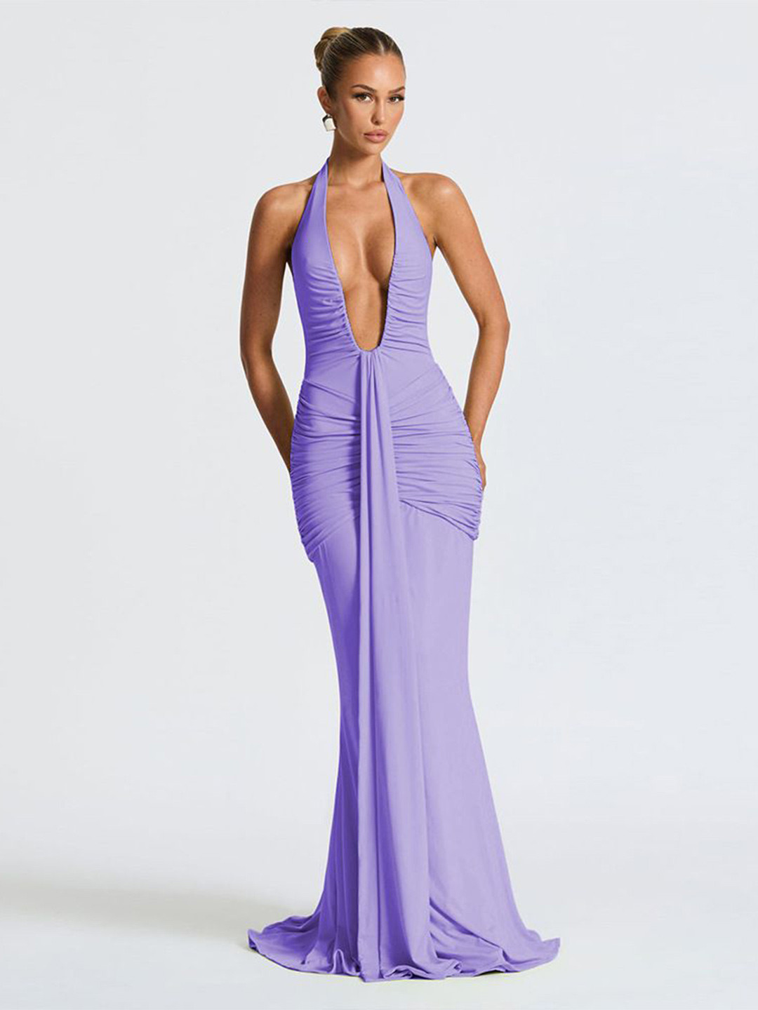 MIAKEE Women Halter Neck Ruched Maxi Dress