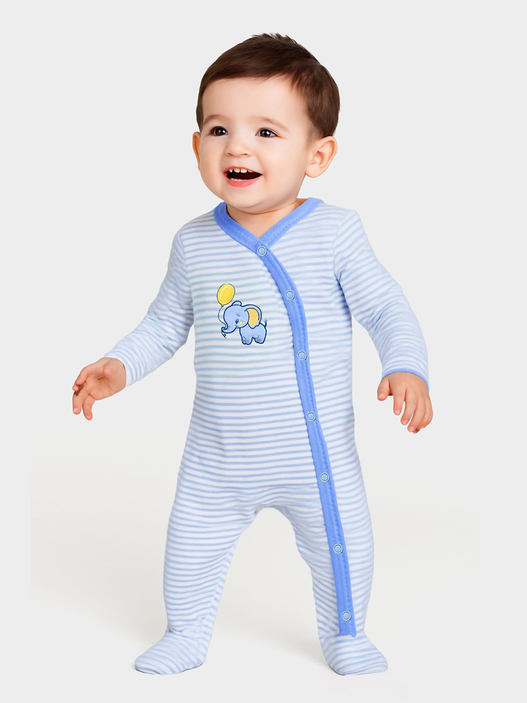 MiArcus White & Blue Cotton Long Sleeves Striper Sleep Suit