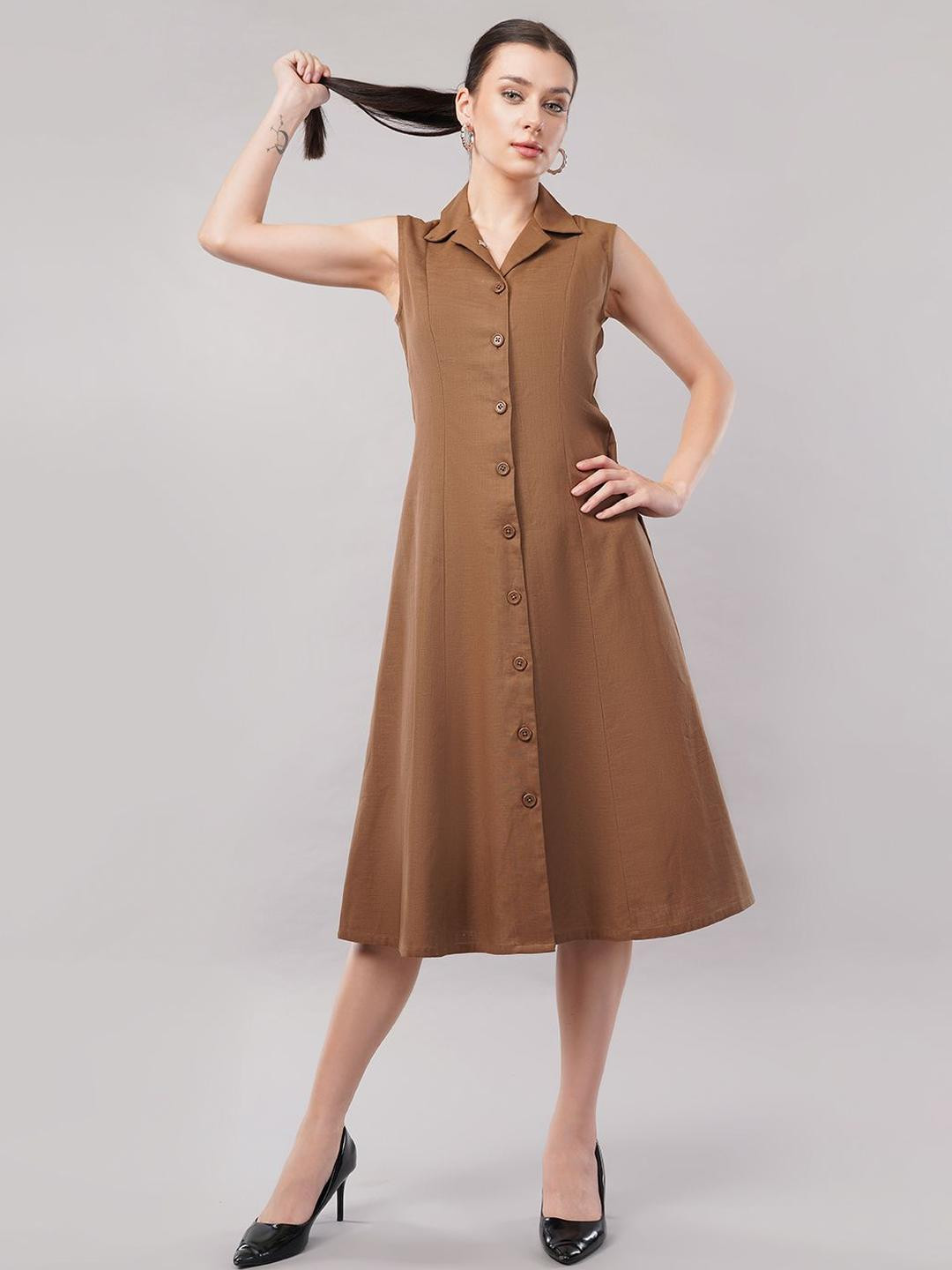 FLY STITCH Lapel Collar Cotton Shirt Midi Dress