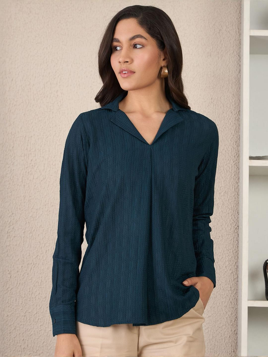 R.Code by The Roadster Life Co. Women Lapel Collar Cuffed Sleeves Shirt Style Top