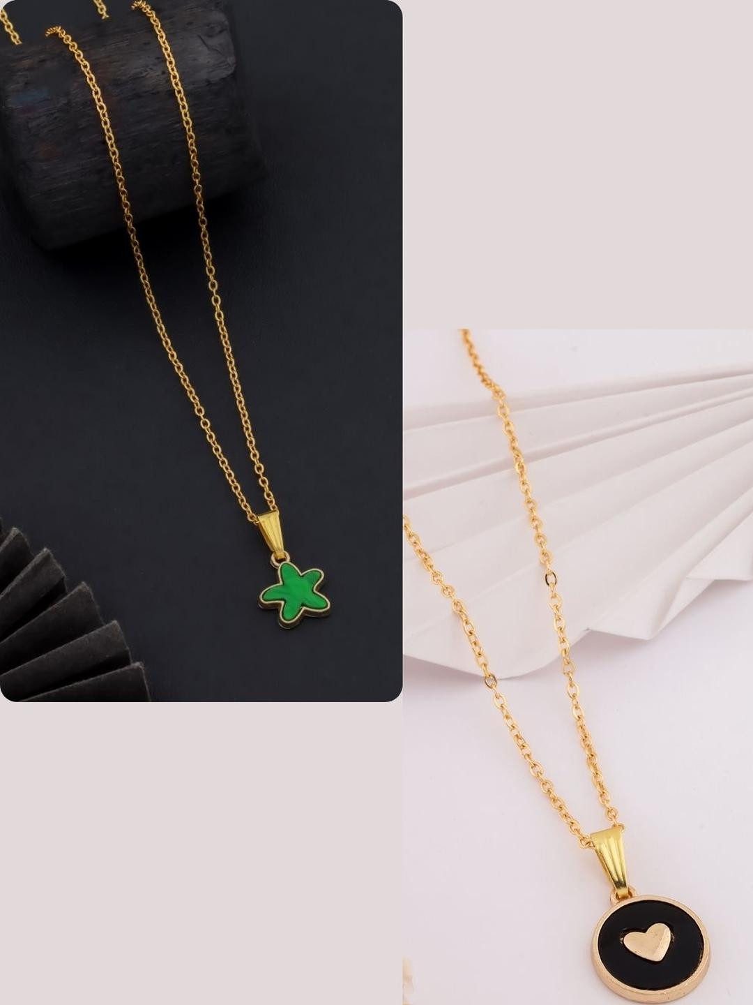DressBerry Women Black Heart & Green Star Charms Brass Gold-Plated Set Of 2 Chains