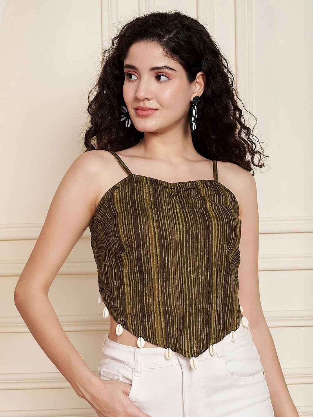 KALINI Women Vertical Stripes Printed Shoulder Straps Smocking Cotton Fitted Crop Top