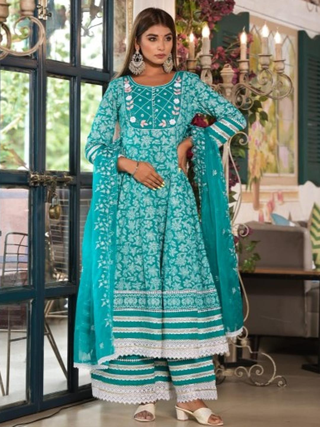 Aavanya Green Cotton Anarkali Round Neck Thread Work Kurta & Palazzo With Dupatta