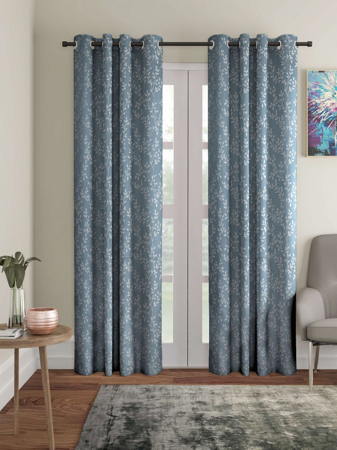 STITCHNEST Blue & Grey 2 Pieces Printed Jacquard Black Out Door Curtains