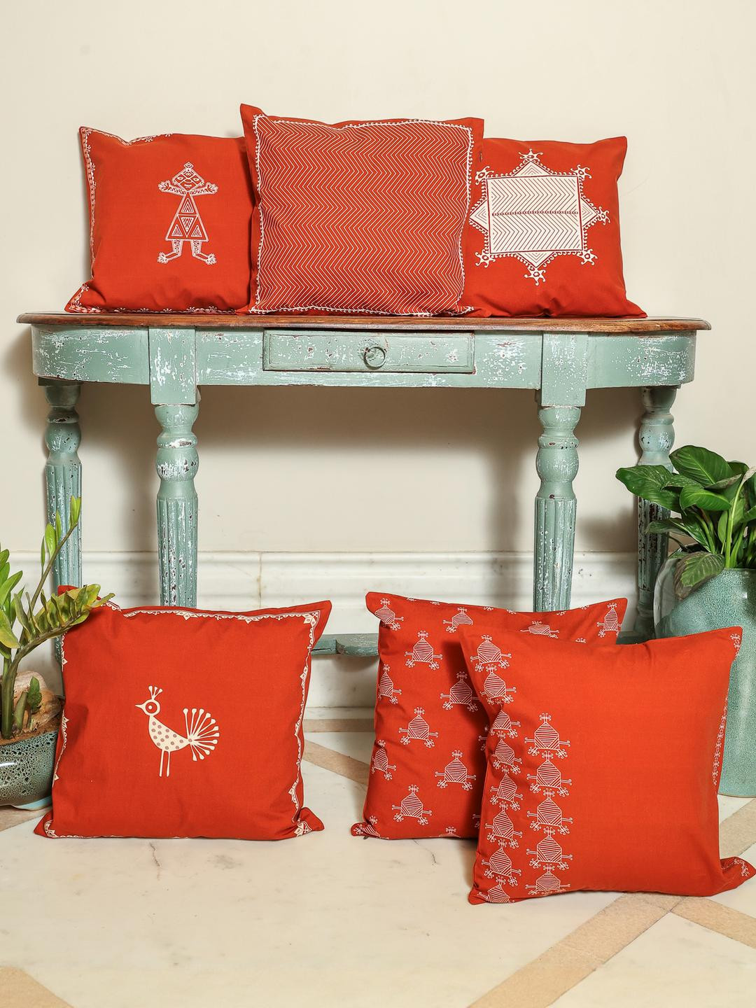 Crown of Poppies Rust Set of 6 Geometric Square Cushion Covers