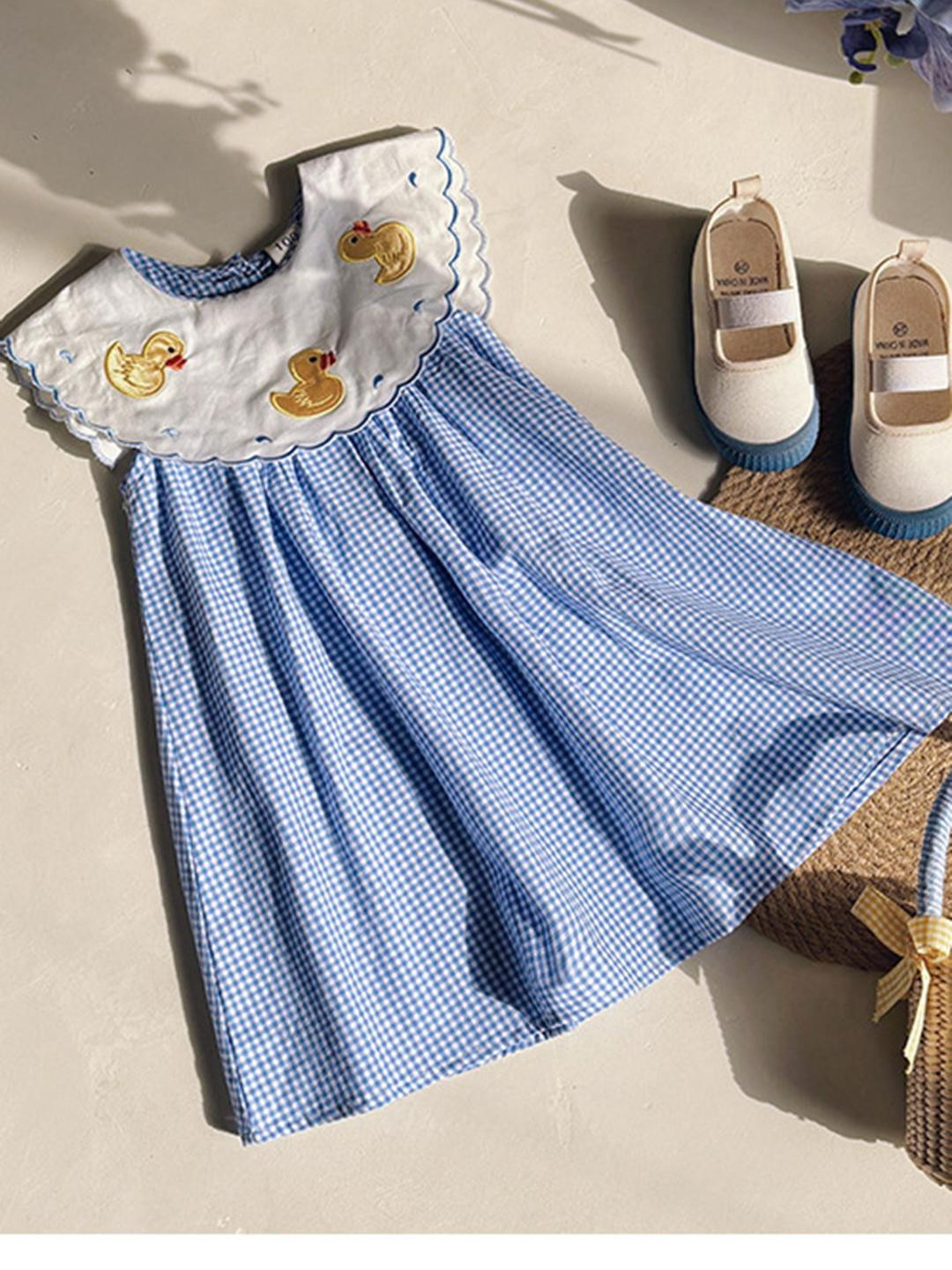 LULU & SKY Girls Gingham Checked Pattern Embroidered Crew Neck A line Dress