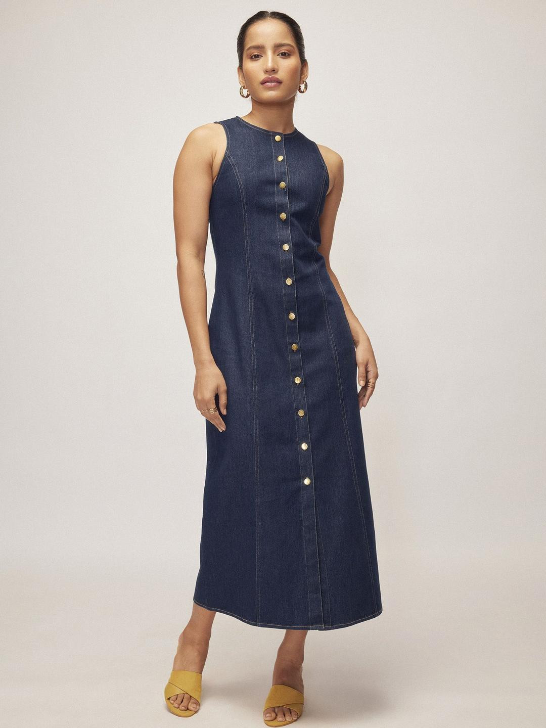 The Label Life Women Button Down Denim Sheath Midi Dress
