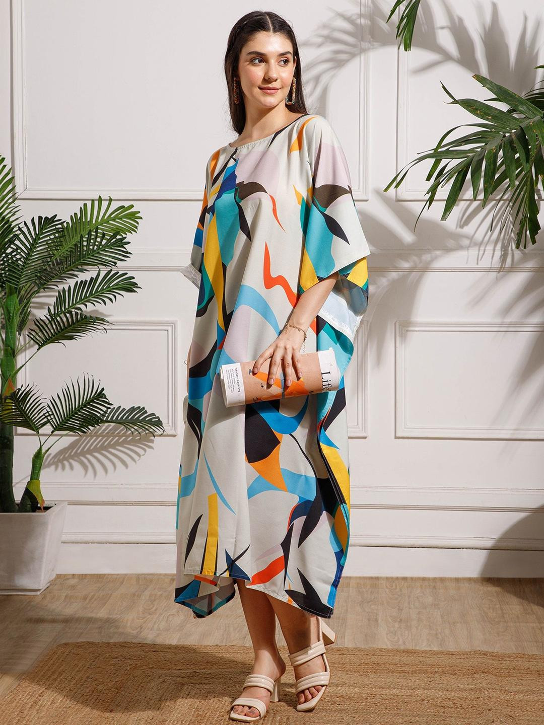 Aditi Wasan Printed Boat Neck Kimono Sleeve Kaftan Midi Dress