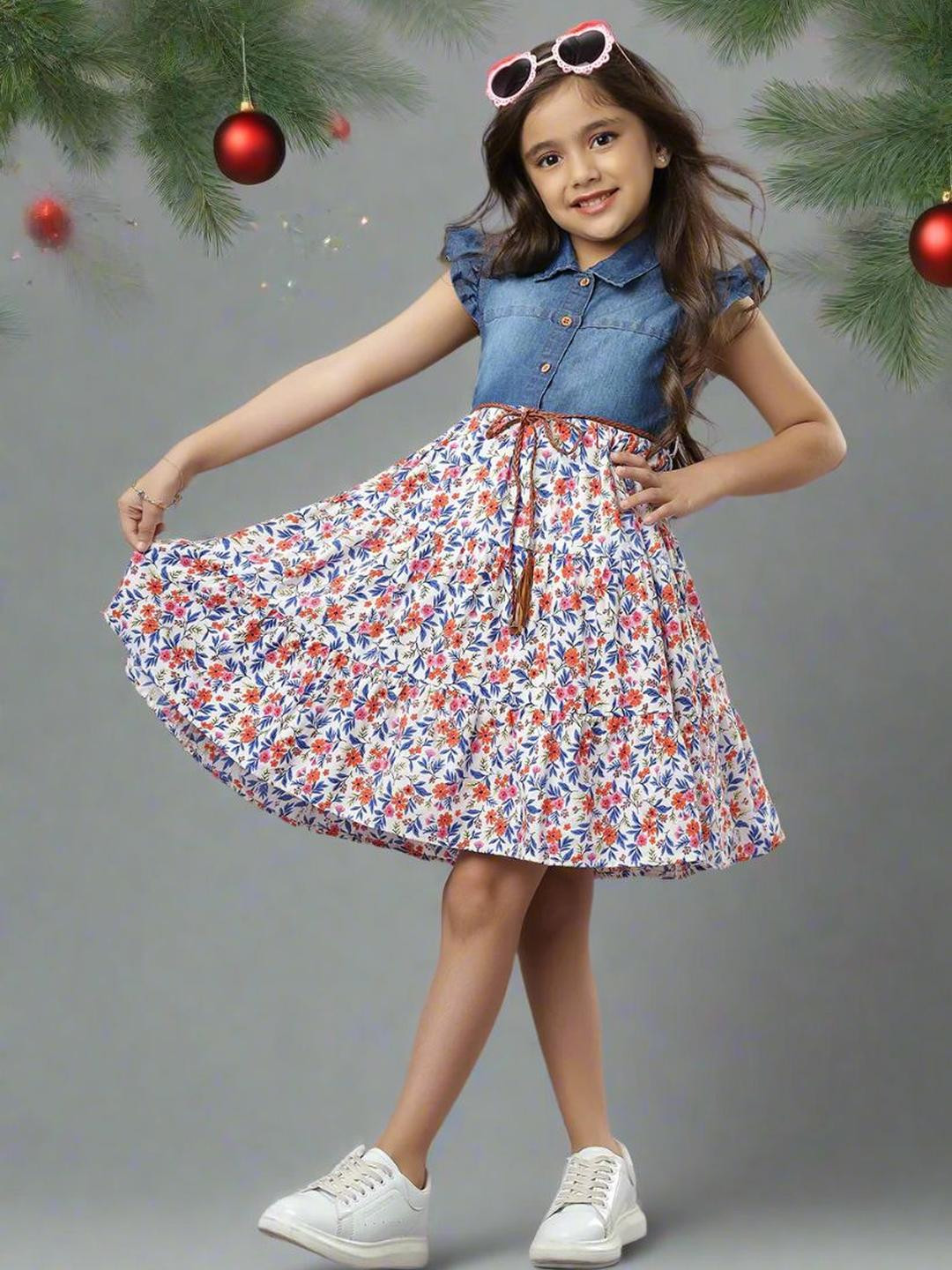 TeenTrums Girls Floral Printed Denim Fit & Flare Dress