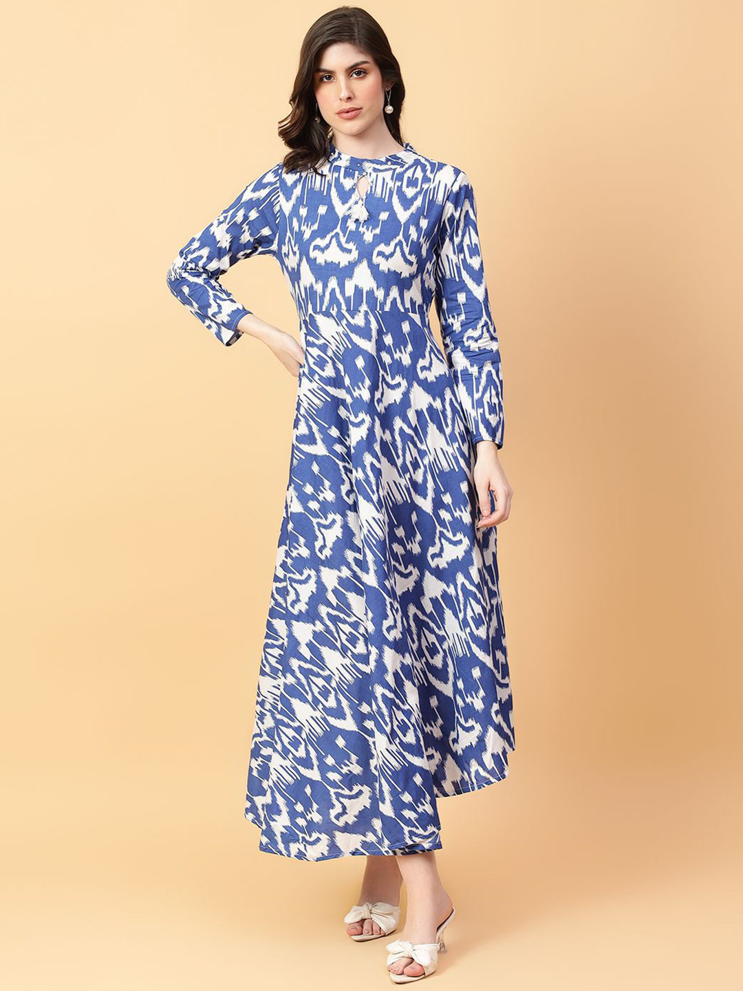 HERE&NOW Printed & Hand Work Cotton Fit & Flared Ethnic Dresses