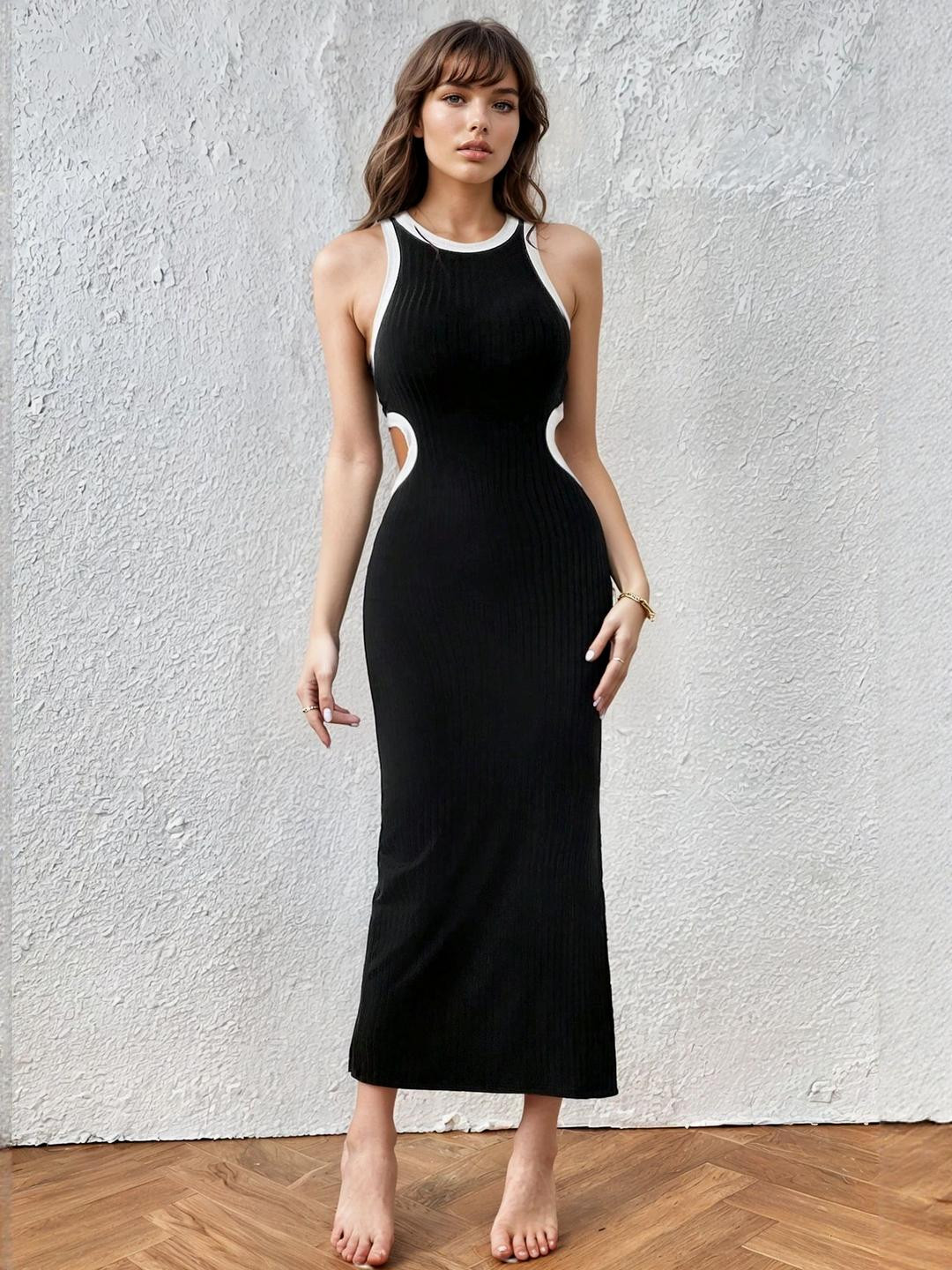 AAHWAN Solid Contrast Binding Cut Out Split Thigh Sleeveless Bodycon Midi Dress