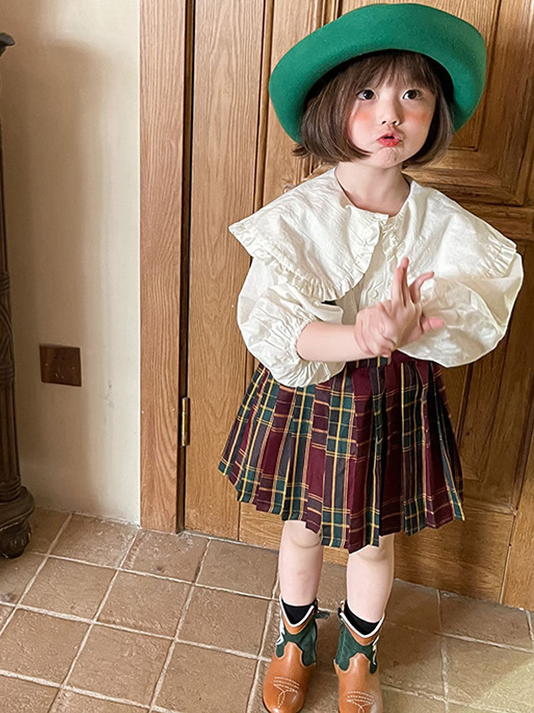 LULU & SKY Girls Crimson Plaid Pattern Suspender Skirt