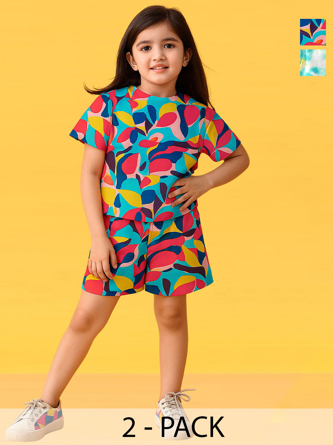 FEBVIBE Girls Pack Of 2 Abstract Printed T-shirts With Shorts