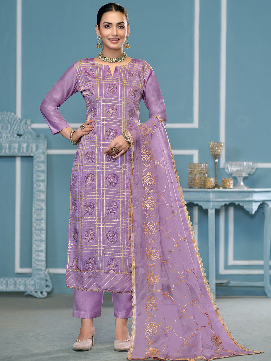 MANVAA Printed Gotta Patti Roman Cotton Unstitched Dress Material