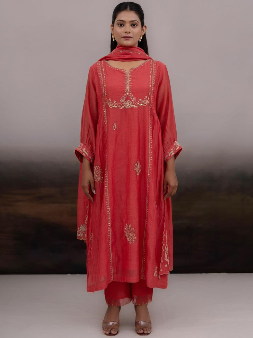 TATWA DESIGNS Coral Rose Gold Zardozi Kurta Set