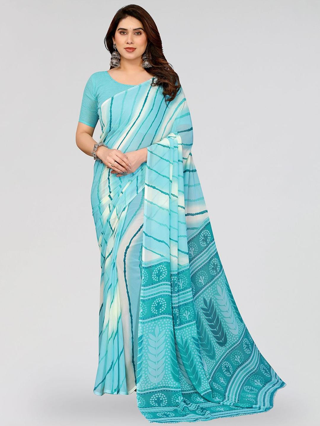 Moda Rapido Turquoise Blue & White Striped Saree