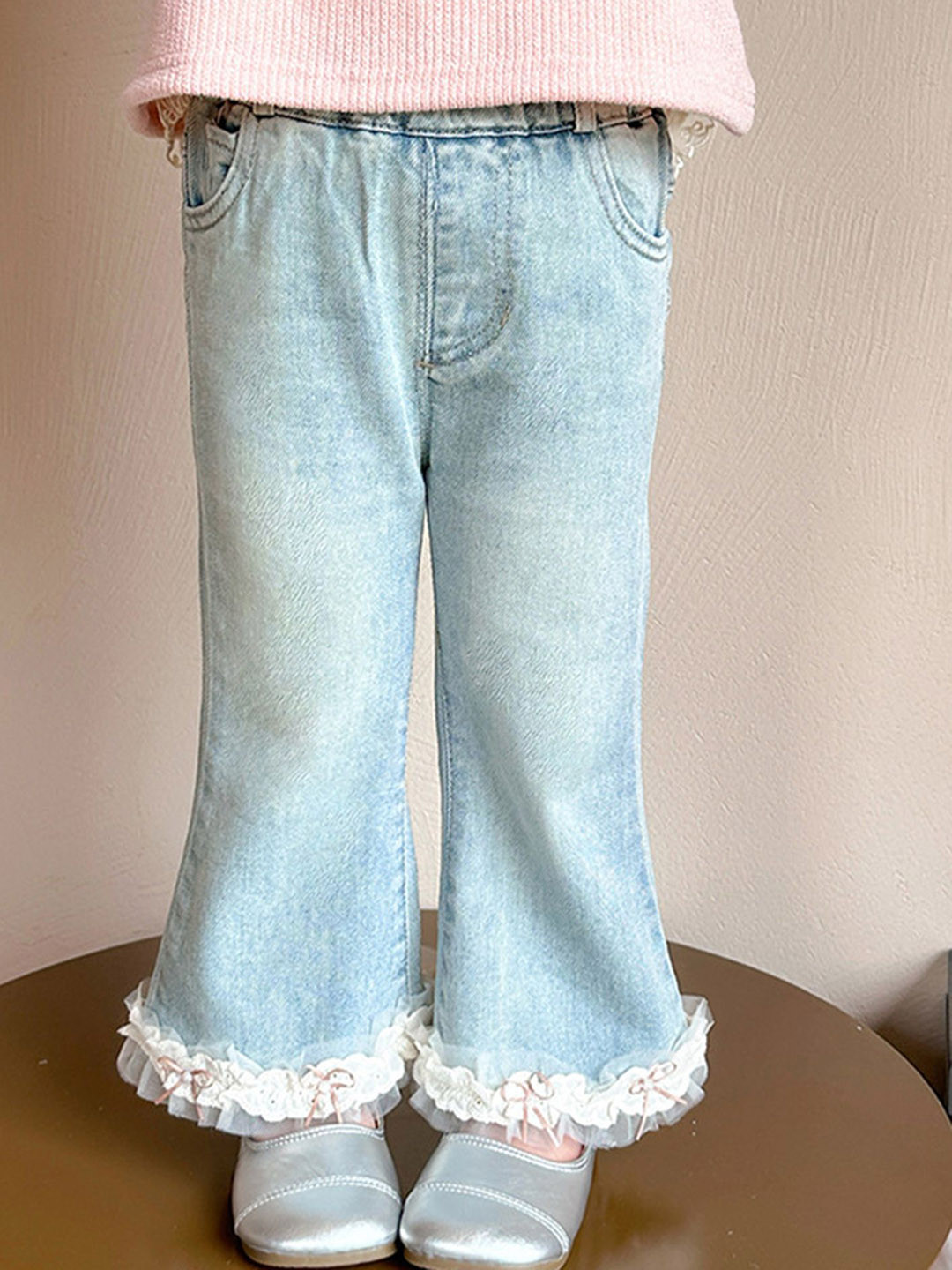 LULU & SKY Girls Flared High-Rise Lace-hem Light Fade Jeans