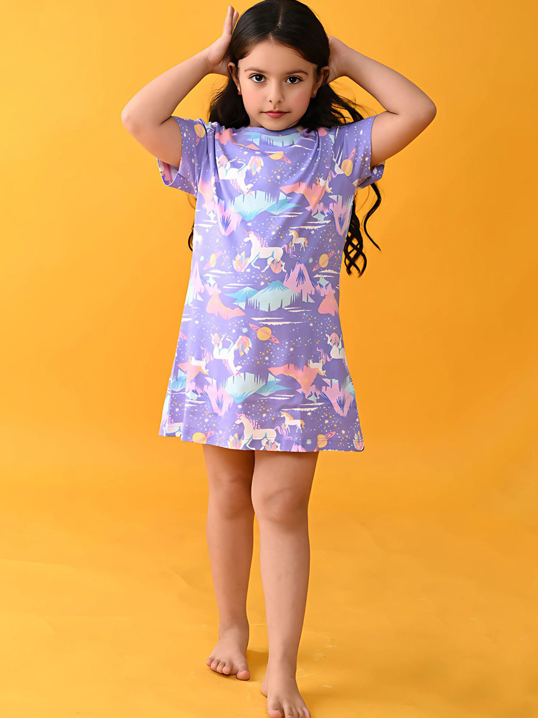 YK Girls Unicorn Planet Printed Pure Cotton Night Dress