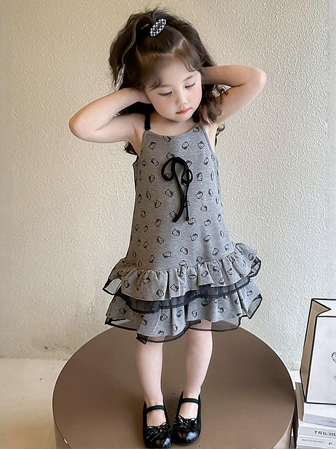 LULU & SKY Girls Shoulder Straps Graphic Print Tie-up Detail Drop-Waist Dress