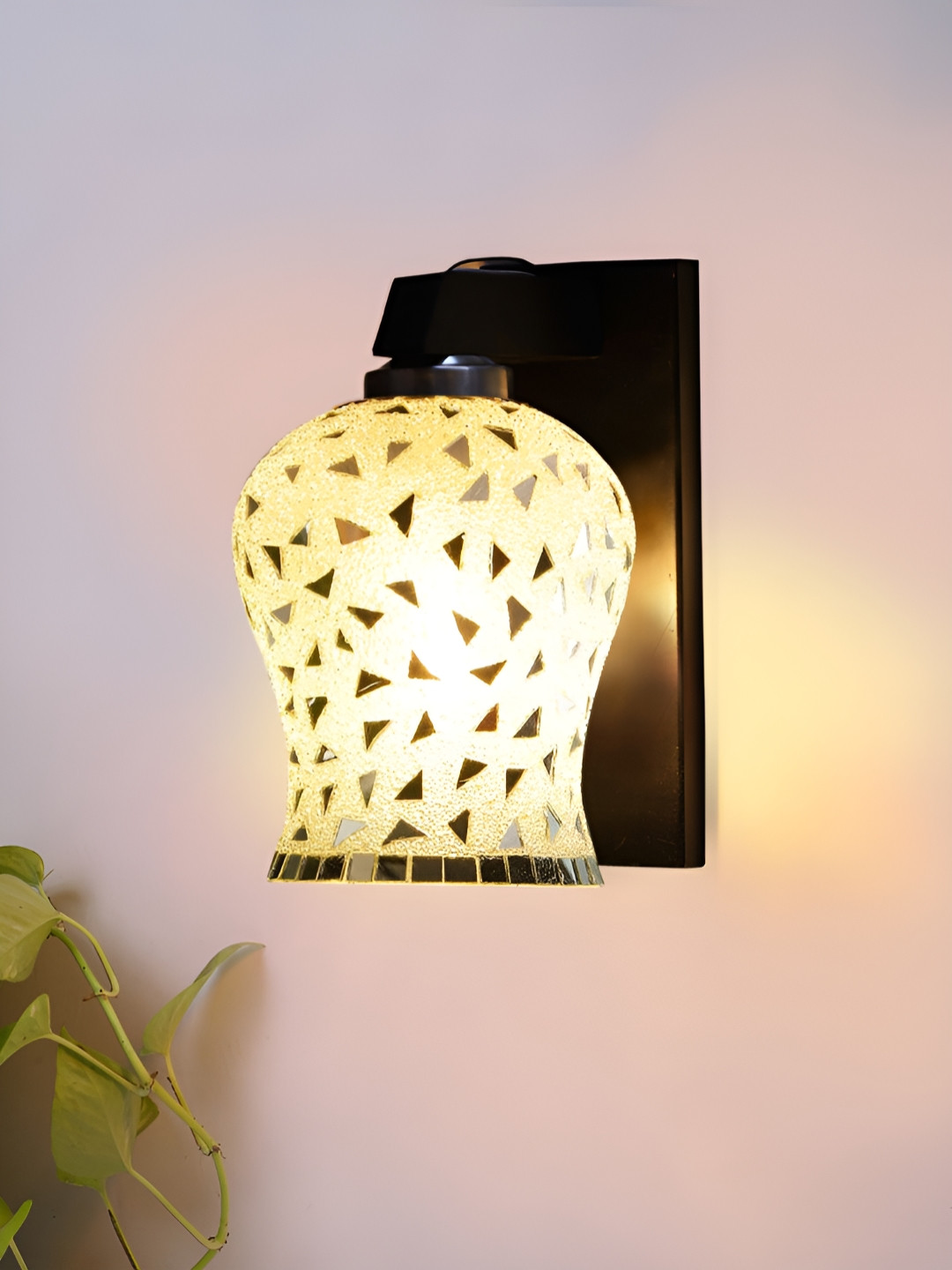 Devansh White & Silver-Toned Textured Wooden Bell Shaped Wall Lamp