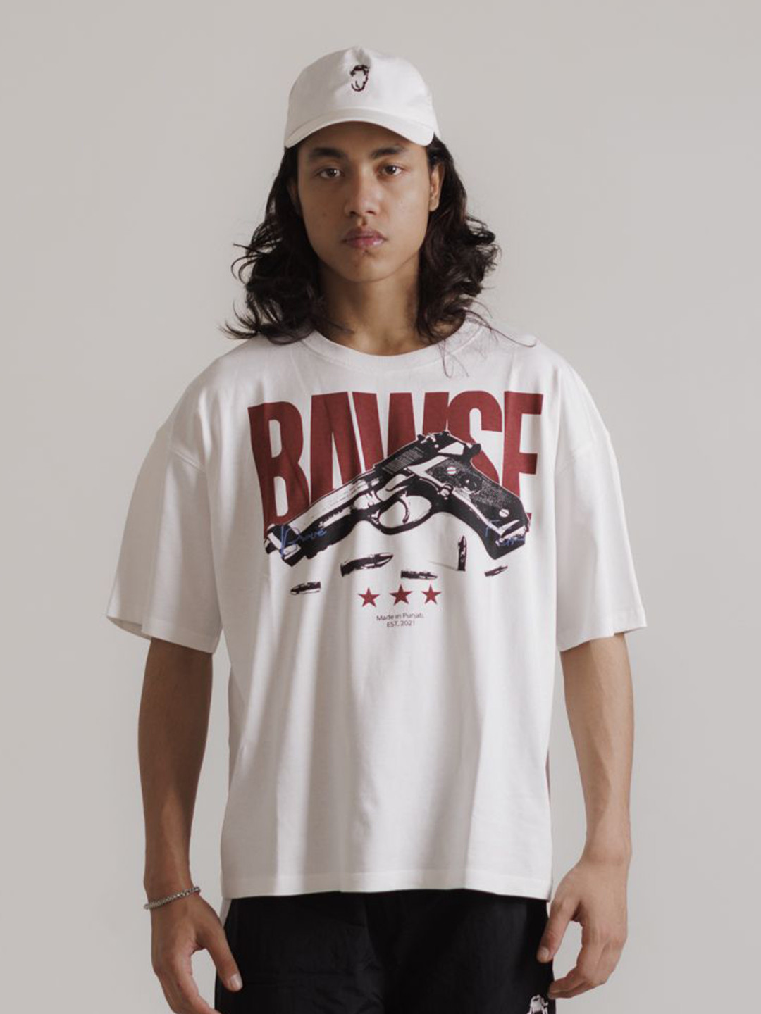 BAWSE. Unisex Relaxed Fit Typography Printed Drop-Shoulder Sleeves Cotton T-shirt