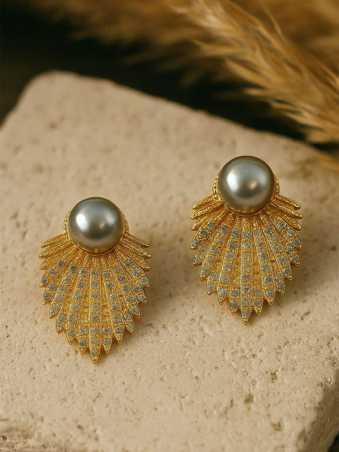 Jewelz Gold-Plated Crystals Studded And pearls Beaded Shell Fan Shaped Drop Earrings