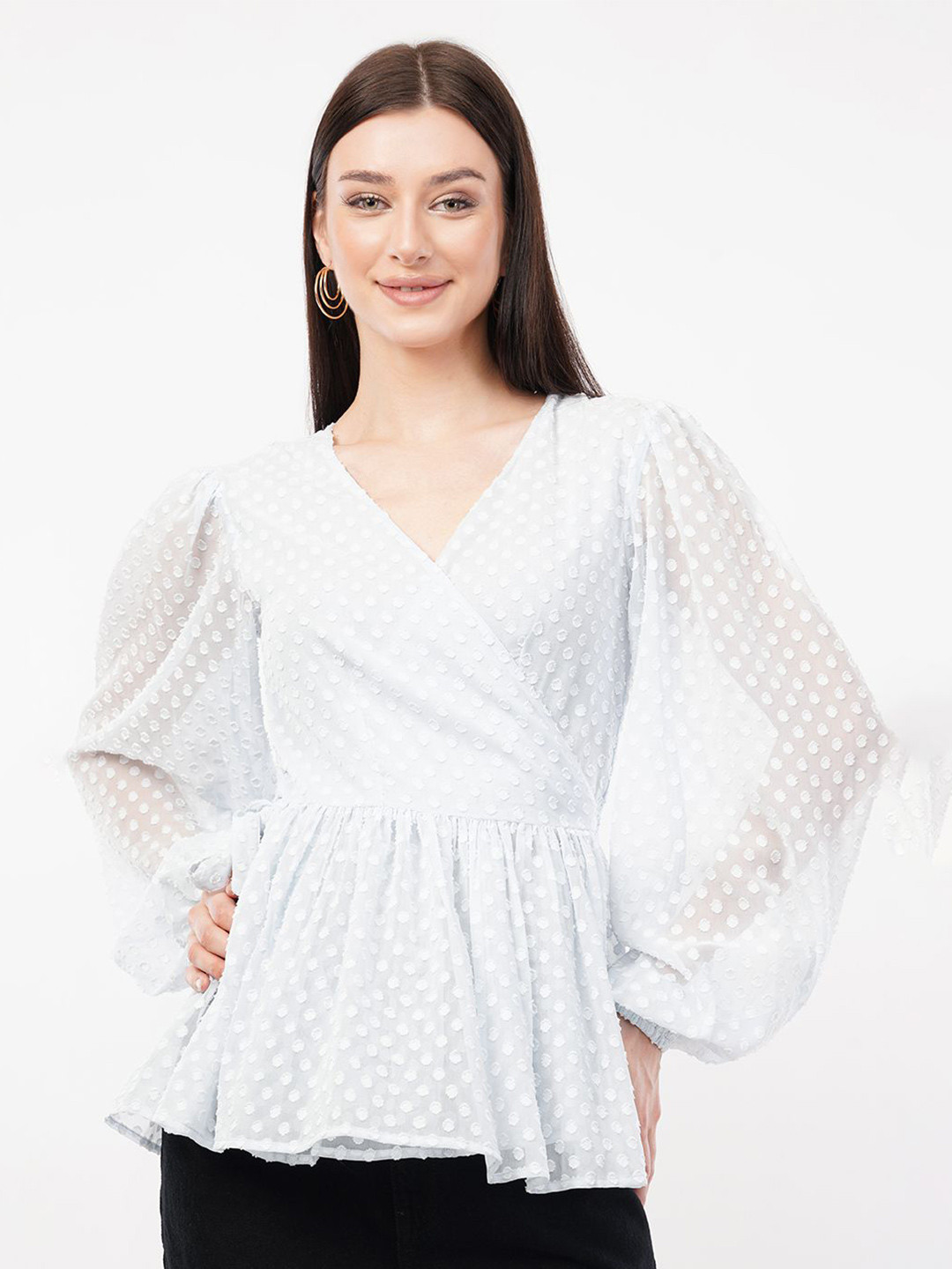 FLY STITCH Women Self Design Puff Sleeve Cotton Wrap Top